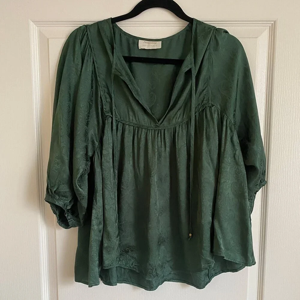 Auguste The Label Silk Green Jacquard Boho Peasant Blouse - AU 10/US M - Picture 6 of 7